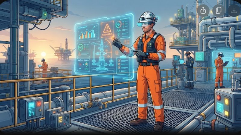 Современная иллюстрация цифровизации охраны труда в нефтегазовой отрасли с элементами технологий и промышленности