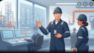 Современная иллюстрация процесса обучения руководителей нефтеперерабатывающих заводов правилам охраны труда и промышленной безопасности.